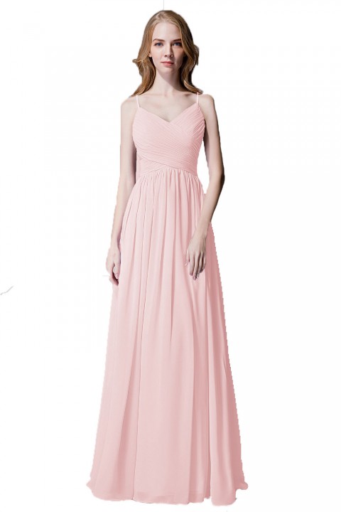 Spaghetti Straps Pleated Chiffon Bridesmaid Dress with Lace Open Back