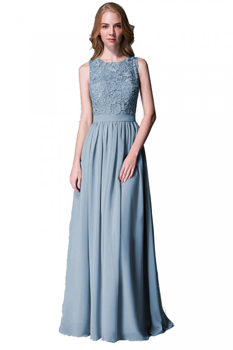 Lace Upper Bodice Illusion Scoop Neck Chiffon Bridesmaid Dress Sleeveless