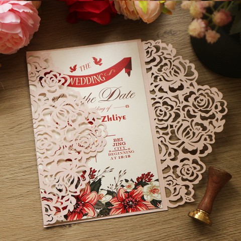 Laser Cut Floral Printed Customized Wedding Invitation