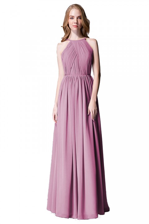 Pleated A-Line Halter Spaghetti-Straps Back Chiffon Bridesmaid Dress