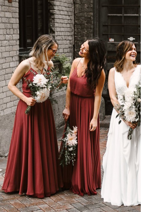 Spaghetti Straps V Neck Chiffon Bridesmaid Dress with Open Back