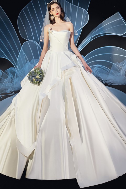 Ruffles Strapless Corsage Back Satin Wedding Dress with Train