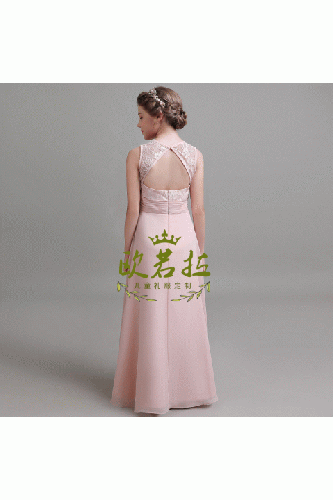Round Neck Open Fork Design Sleeveless Chiffon Junior Bridesmaid Dresses