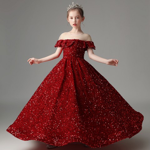 Red Gorgeous Round Neck With Flounce Decor Sequin Girls Pageant Dress