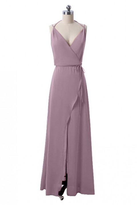 Open Back Adjustable Spaghetti Straps Bridesmaid Dress With Split