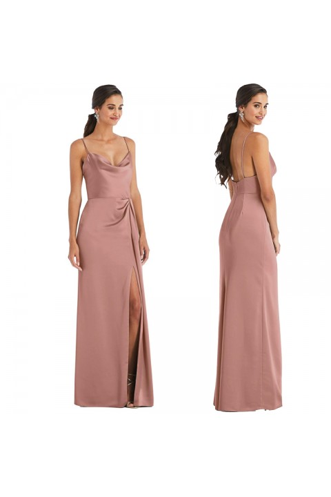 Blush Spaghetti Strap High Waist Split Satin Bridesmaid Dress