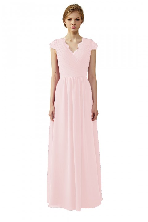 Lace Cap Sleeves  V-Neck Lace Back Closure with Keyhole Bridesmaid Dress