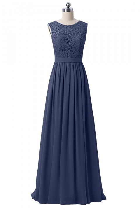 Lace Scoop Illusion Back A-Line Chiffon Bridesmaid Dress Long