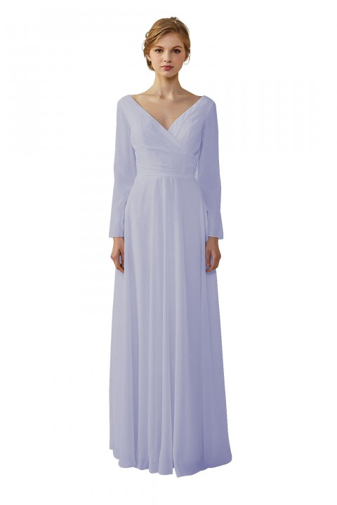 Long Sleeve Illusion Lace Back Closure V-Neck Elegant Bridesmaid Dress