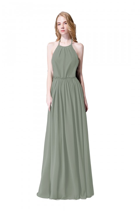 Halter Spaghetti Strap Open Back Chiffon Bridesmaid Dress with Sash