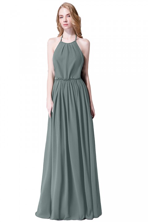 Halter Spaghetti Strap Open Back Chiffon Bridesmaid Dress with Sash