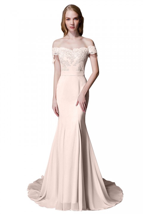 Elegant Mermaid Off Shoulder Chiffon Lace Straight Bridesmaid Dress with Train