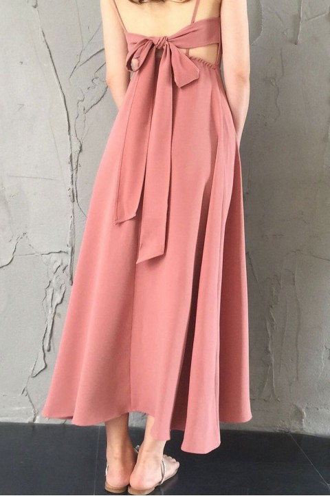 Spaghetti Straps V Neck Bow Back Bridesmaid Dress Long