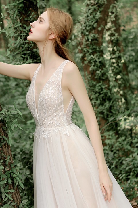 Lace Crochet Sequins Deep V Back & Neck Tulle Wedding Dress with Train