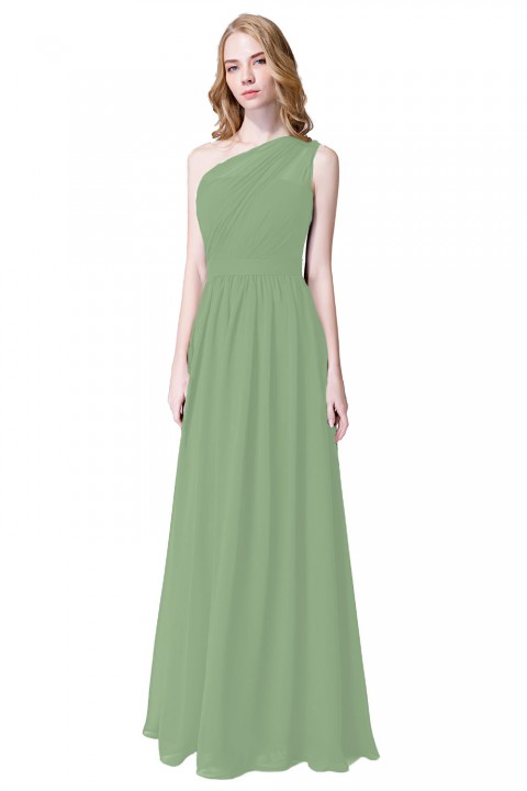 Illusion One-Shoulder Chiffon Pleated Bridesmaid Dress Long