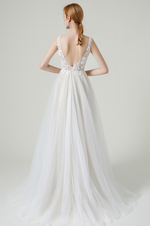 V Neck Deep V Back Lace Applique Tulle Wedding Dress