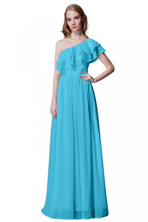 Asymmetrical One-Shoulder Flounce Chiffon Bridesmaid Dress Long