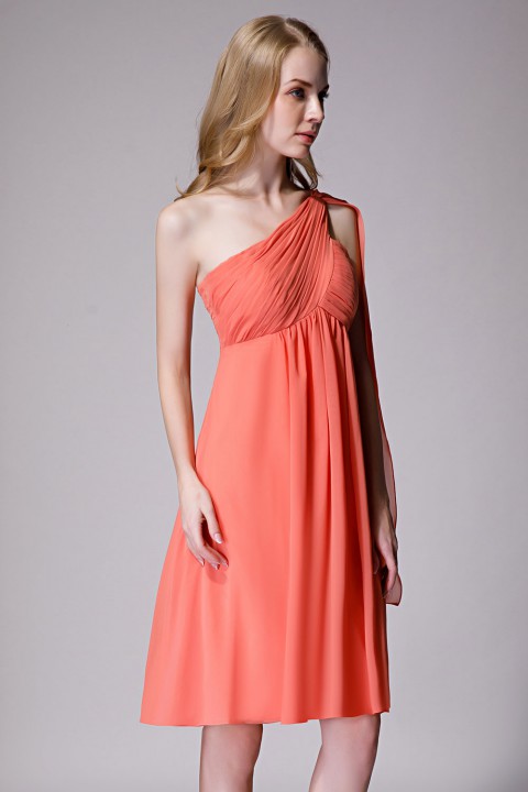 One-Shoulder Pleated Chiffon Short Bridesmaid Dress With Flowing Cape