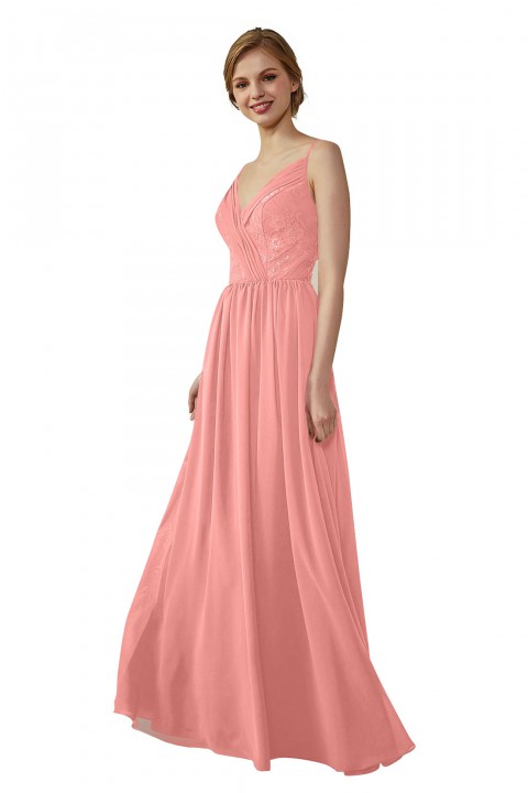 Double Spaghetti Straps Draped Lace Open-back Chiffon Bridesmaid Dress