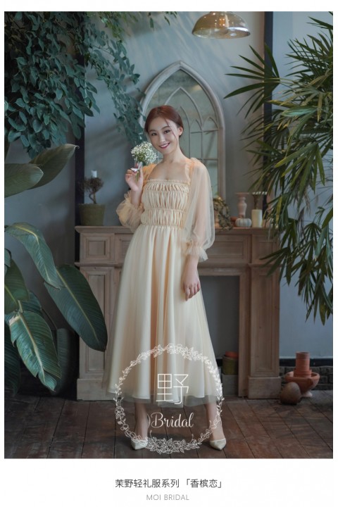 Champagne Square Neck Long Tulle Sleeves Chiffon Bridesmaid Dress