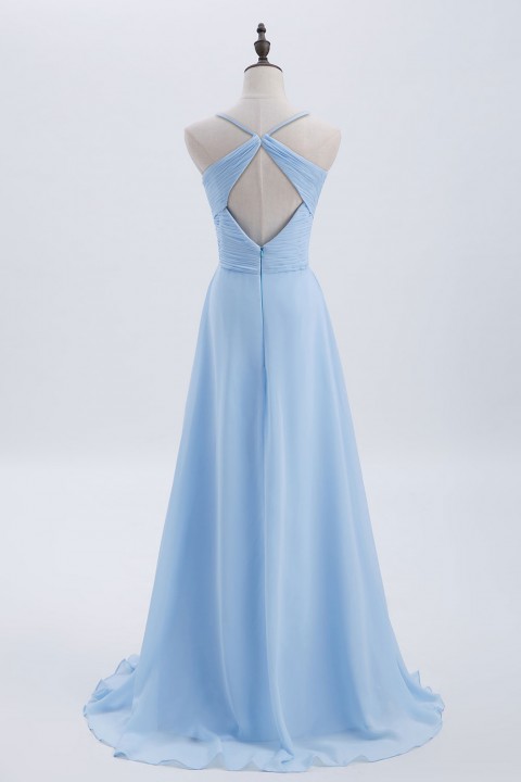 Spaghetti Straps Halter Neckline Front Cascade Bridesmaid Dress with Keyhole Back