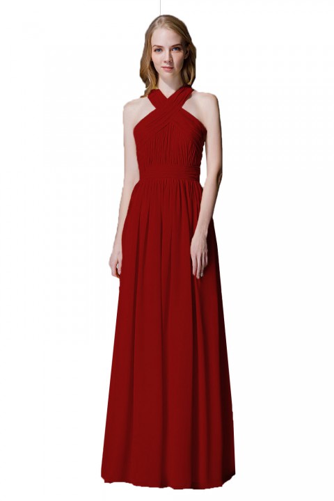 Criss-cross Halter Pleated Chiffon Bridesmaid Dress with Cross-straps Back