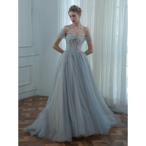 Grey Off Shoulder Bowknot Decor Beaded Decor Tulle Party Dress