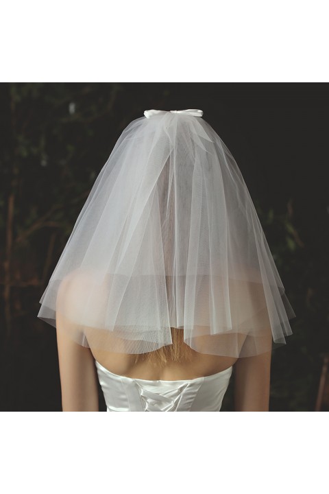 White Bow Decor Multi-Layers Soft Tulle Short Wedding Bridal Veil With Comb