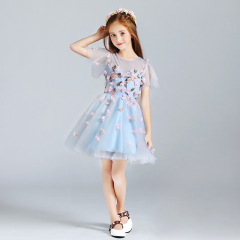 Sky Bule Round Neck Cap Sleeve Flowers Shape Decor Tulle Skirt Girls Pageant Dresses