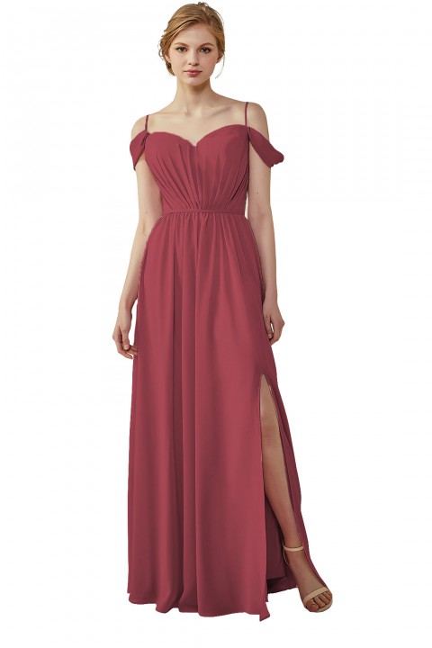 A-Line Cold Shoulder Spaghetti Straps Chiffon Bridesmaid Dress with Side Slit