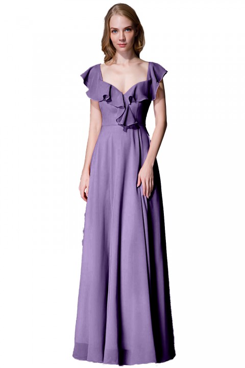 V Neck Cascading Ruffles Sleeve Bow Back Bridesmaid Dress 