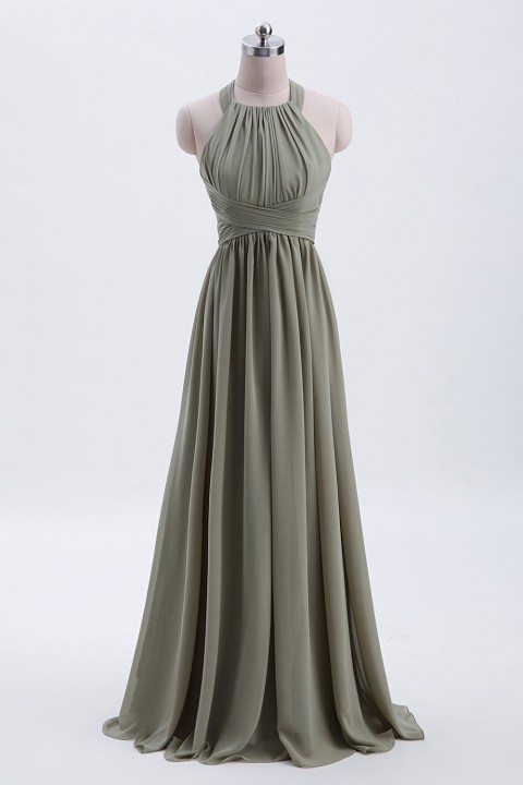 Sophisticated Halter Neckline Keyhole Back Pleated Bridesmaid Dress