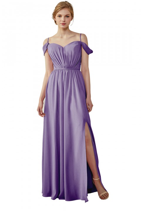 A-Line Cold Shoulder Spaghetti Straps Chiffon Bridesmaid Dress with Side Slit