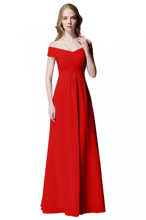 Crisscross Off-the-Shoulder Pleated V-back Bridesmaid Dress Long