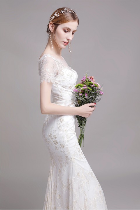 Illusion V Neck Short Sleeve Lace Mermaid Wedding Dress