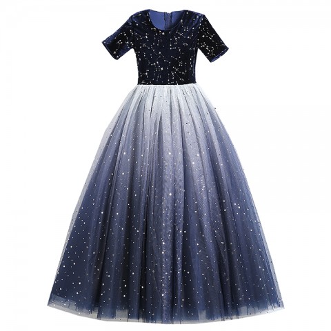 Round Neck Short Sleeve Starry Night Light Series Tulle Skirt Girls Pageant Dresses
