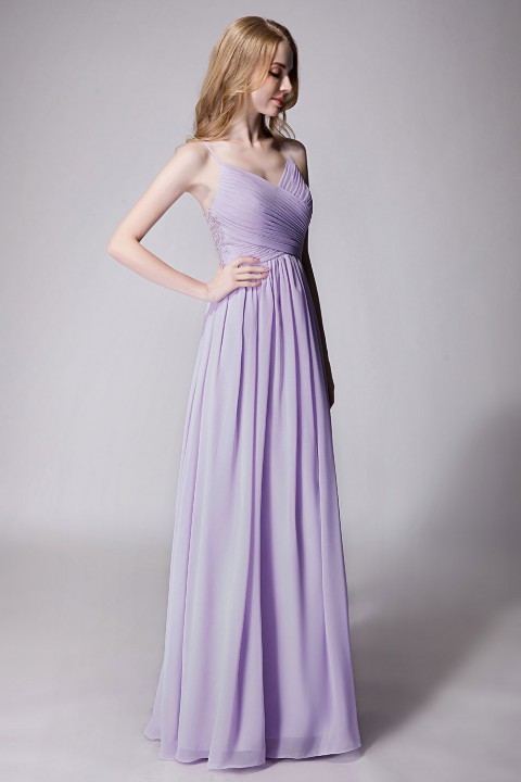 Spaghetti Straps Pleated Chiffon Bridesmaid Dress with Lace Open Back