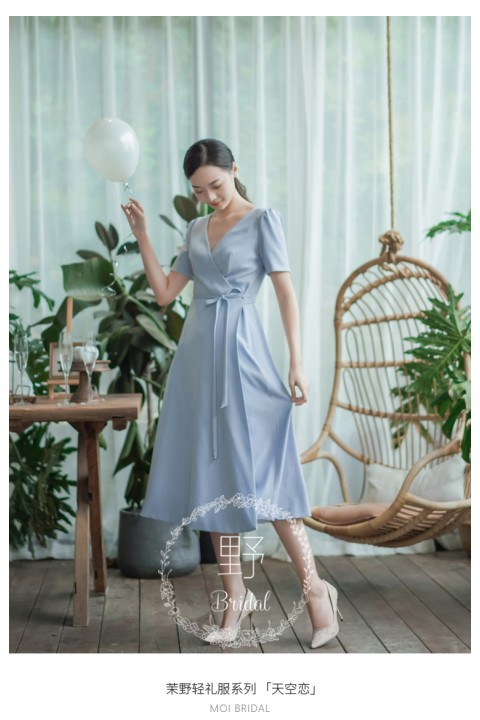 Crystal Blue V Neck Short Sleeves Wrap Belted High Waist Chiffon Bridesmaid Dress