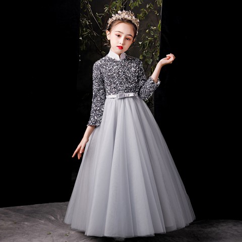 Fancy Grey Sequins Lace Princess Tulle Skirt Flower Girl Dresses 