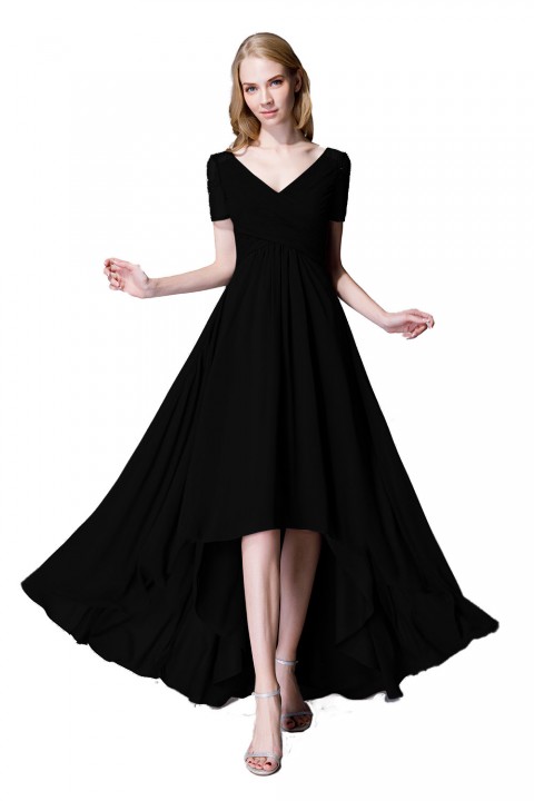 Criss Pleated V-neck High-low Chiffon Bridesmaid Dress with Illusion Sleeves