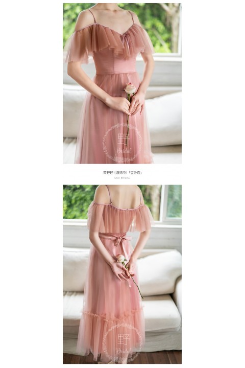 Dusty Rose Cold Shoulder Sweetheart Neck Flounce Decor Luxe Satin Bridesmaid Dress