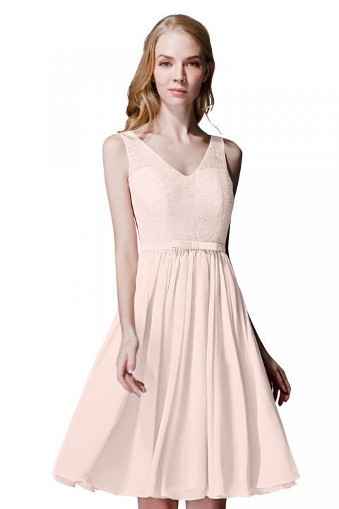 V-Neck Lace Bodice Straps Detail Back Short Bridesmaid Dress with Belt