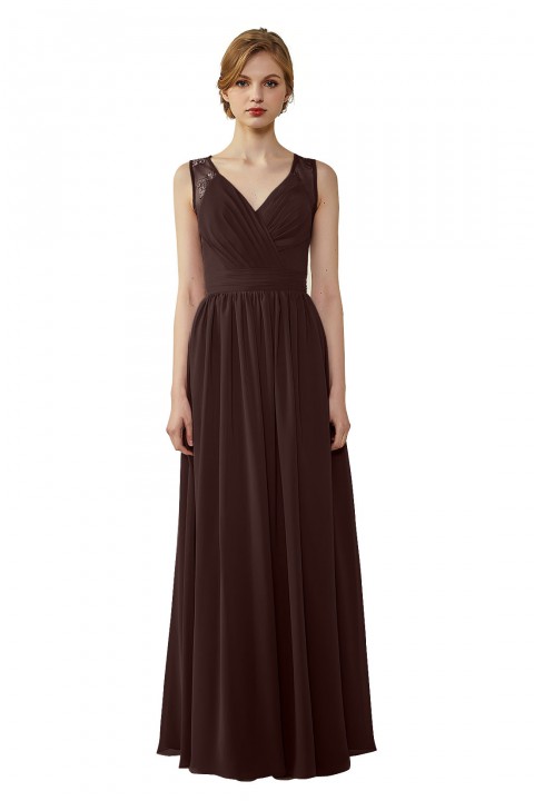 Lace Illusion Back Closure with Button Ruched V-Neck Bridesmaid Dress 