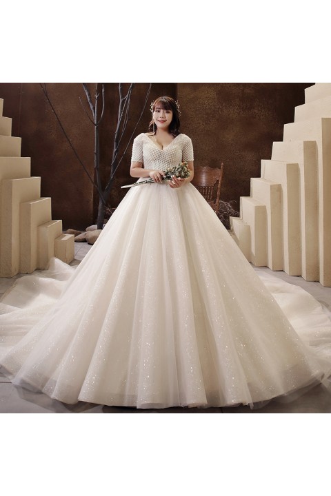 Plus Size 2021 Star Series Deep V-neck Short Sleeves Beaded Glitter Tulle Wedding Dress With Long Train