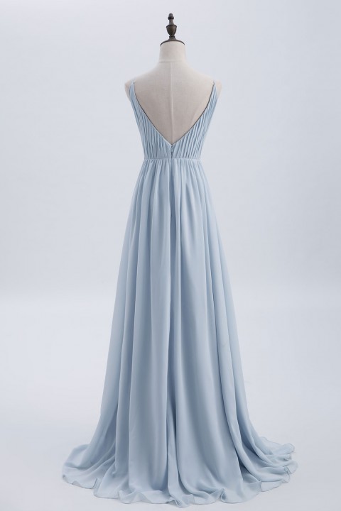 Spaghetti Straps Shell Neck Chiffon Bridesmaid Dress Open-back 