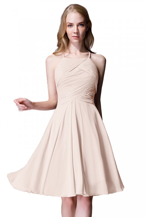 Elegant Halter Tea Length Pleated Chiffon Bridesmaid Dress with Tie Back