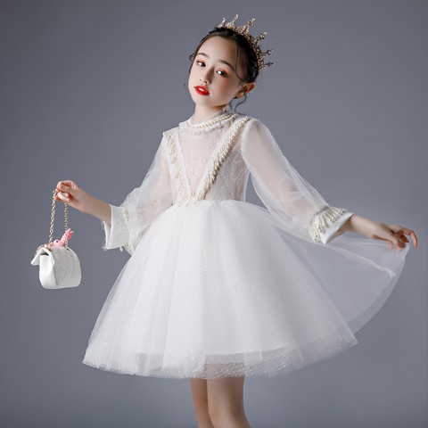 2021 New White Long Sleeve Princess Tulle Skirt Flower Girl Dresses With Beads