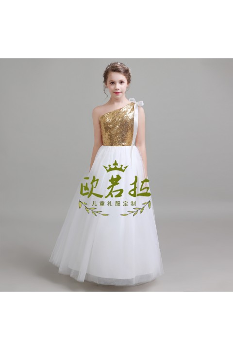 Single Strap Slap-necked Sequined Tulle Skirt Junior Bridesmaid Dresses