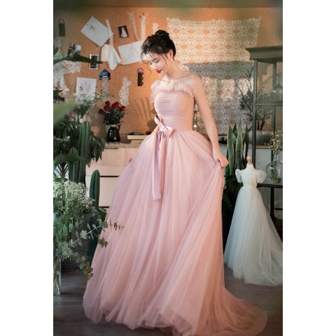 Dusty Pink Tao Yao Off Shoulder Flounce Ruffle Belted Bow Tulle Party Dress