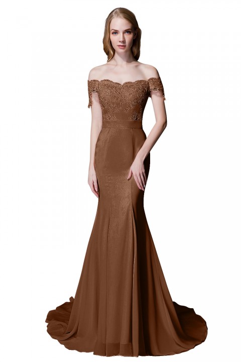 Elegant Mermaid Off Shoulder Chiffon Lace Straight Bridesmaid Dress with Train